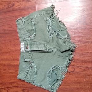 Free People We The Free Distressed Denim Button Up Green Shorts Sz 24